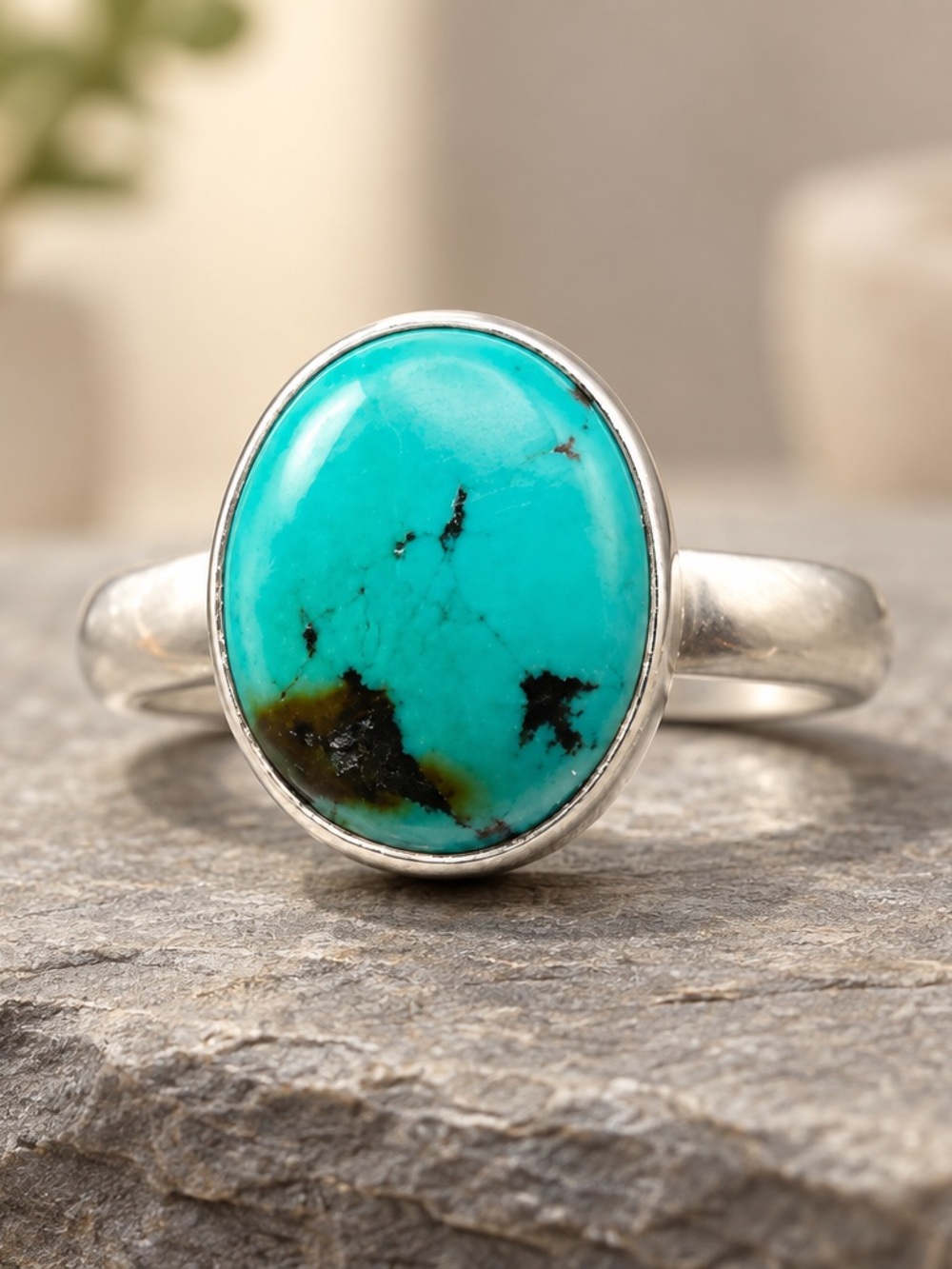 Sterling Ring with Bright Turquoise Oval Stone
